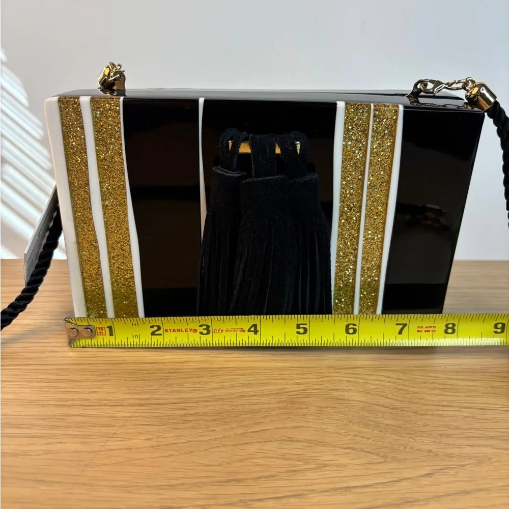 ISTI Acrylic Black White & Gold‎ Glitter Striped Bag NWT Chain/Rope Strap